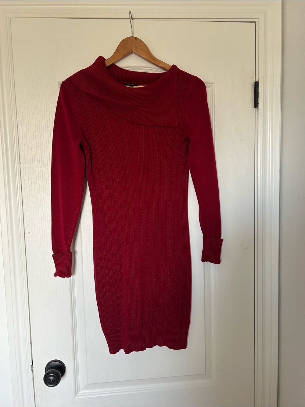 le chateau Crimson Cable-Knit Long-Sleeve Dress with Draped Cowl Neck